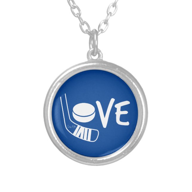 Love Hockey Ladies Girls Hockey Stick & Puck Blue Silver Plated Necklace (Front)