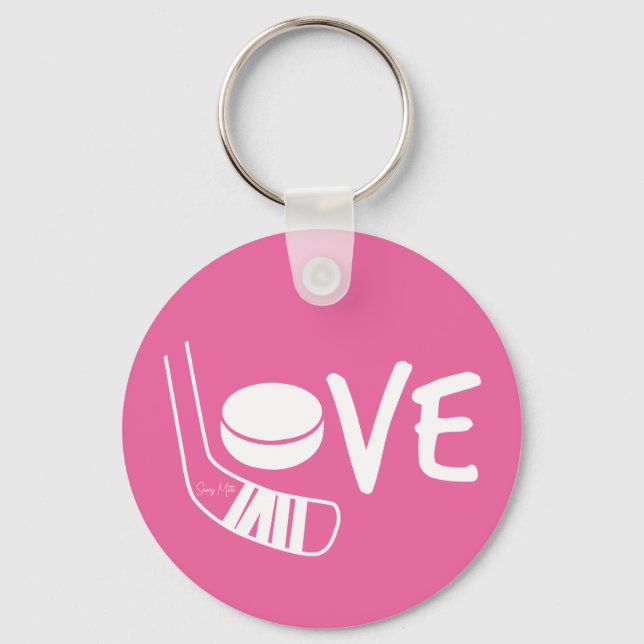 Love Hockey Ladies Girls Hockey Stick Puck Pink Keychain (Front)