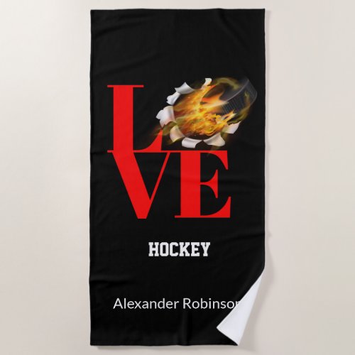 Love Hockey Personalized Sports  Beach Towel