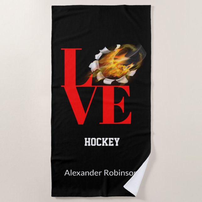 Love Hockey Personalized Sports  Beach Towel (Front)