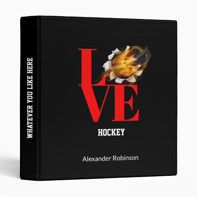 Love Hockey Personalized Sports Office School 3 Ring Binder (Front/Spine)