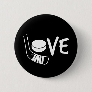 Love Hockey Spelled Out Sticks and Puck Black Button