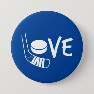 Love Hockey Word Spelled Out Sticks and Puck Blue Button