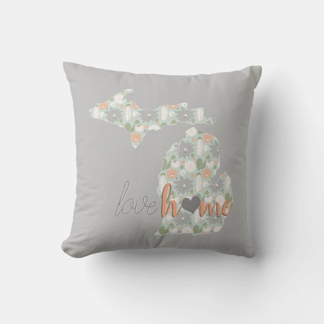 Love Home Cactus Filled Michigan Silhouette Throw Pillow (Front)