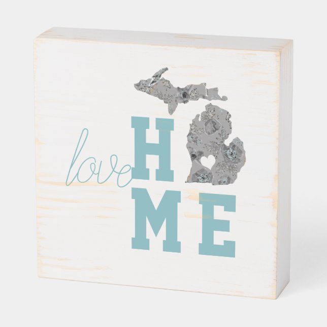 Love Home State Michigan Decor Wooden Box Sign (Angled Horizontal)