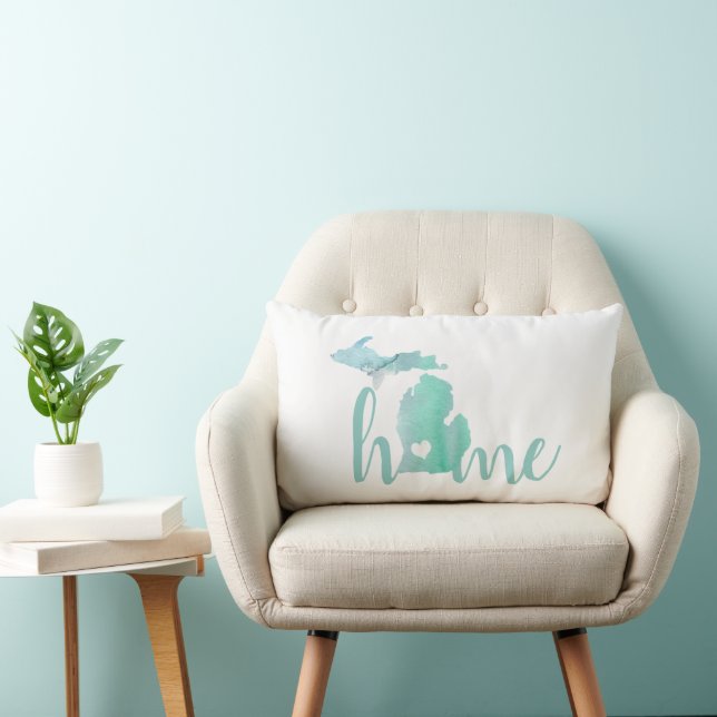 Love Home State Of Michigan Watercolor Silhouette Lumbar Pillow (Chair)