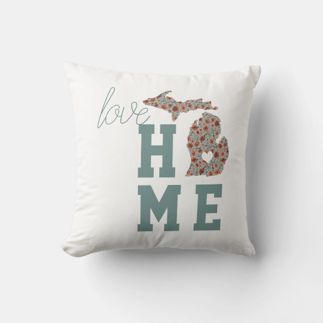 Love Home State Of Michigan With Poppies Floral Throw Pillow (Front)