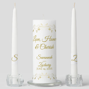 Love Honor Cherish Simple Elegant Gold & White Unity Candle Set