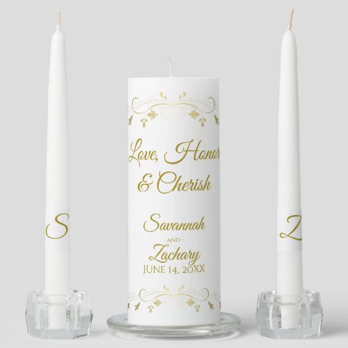 Love Honor Cherish Simple Elegant Gold  White Unity Candle Set