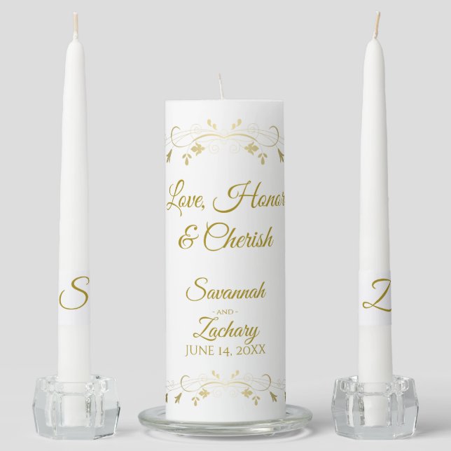 Love Honor Cherish Simple Elegant Gold & White Unity Candle Set (Front)