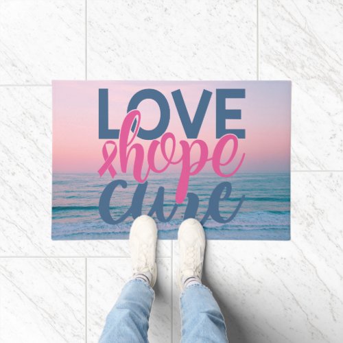 Love Hope Cure  Breast Cancer Beach Sunset Doormat