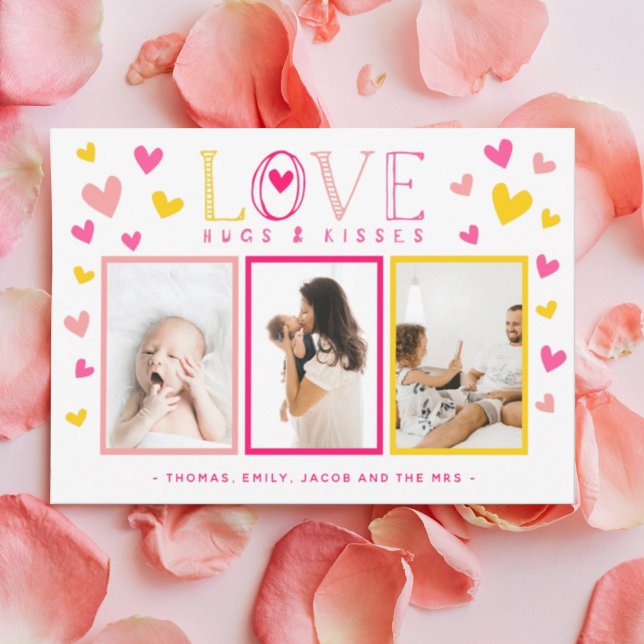 Love Hugs Kisses Family 3 Photo Collage Valentines Holiday Card (Creator Uploaded)