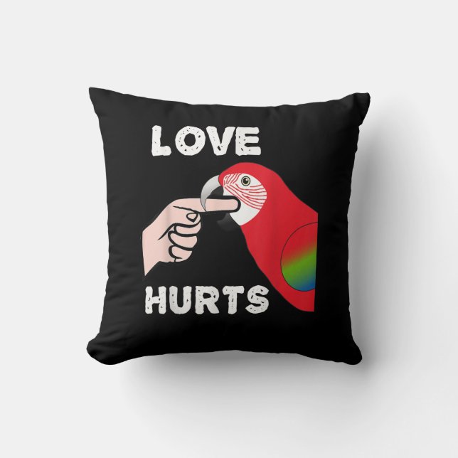 Love Hurts Greening Macaw Parrot Biting Finger Throw Pillow (Front)