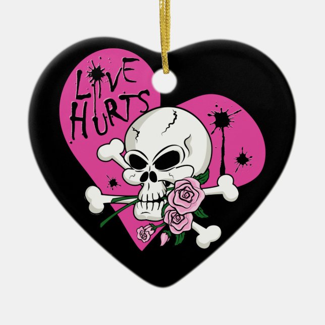 Love Hurts Skull Ceramic Ornament (Front)