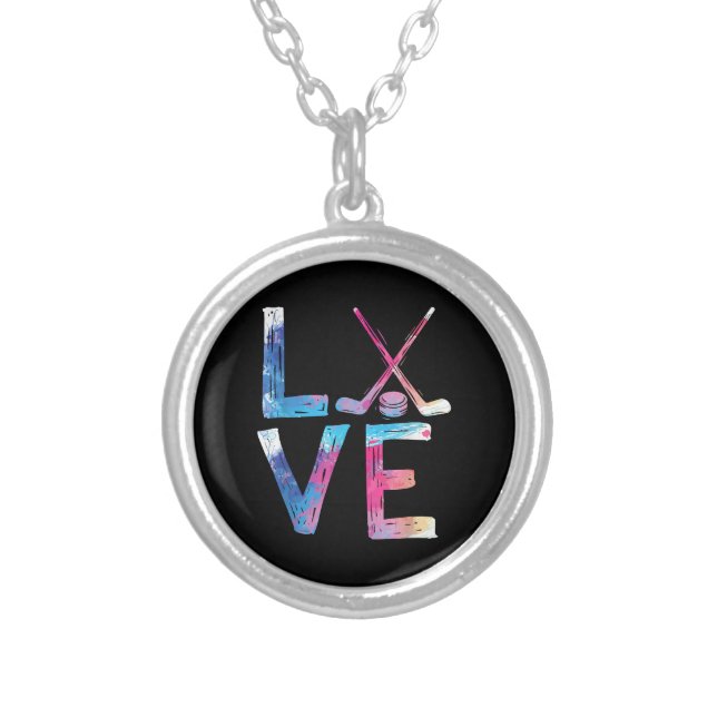 Love Ice Hockey Girls Hockey Gifts Womens Ice Hock Silver Plated Necklace (Front)