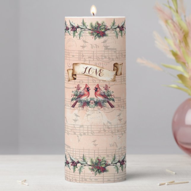 Love Illuminated: Cardinals, Music Notes Pillar Candle (In Situ)