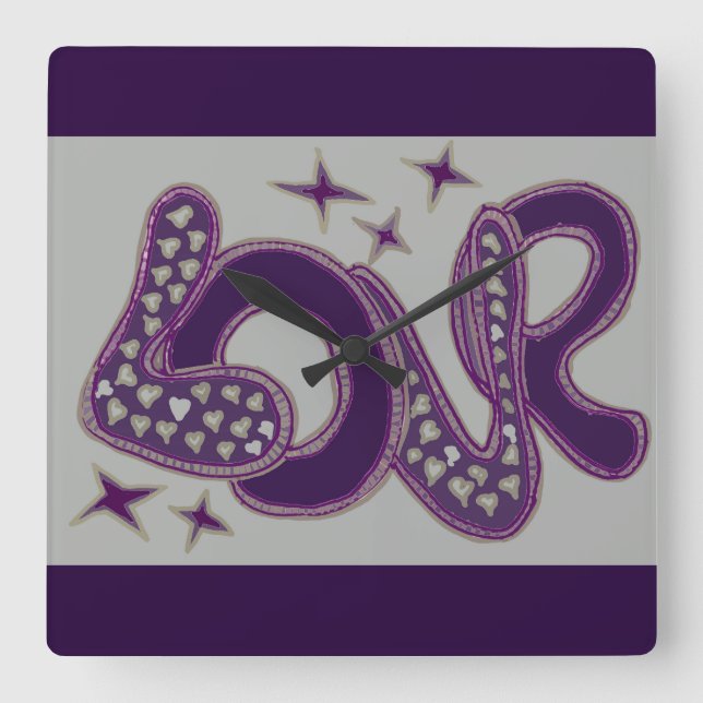 Love in 1960s style square wall clock (Front)