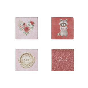 Love in Air Red Pink Heart Floral Raccoon Glitter Stone Magnet