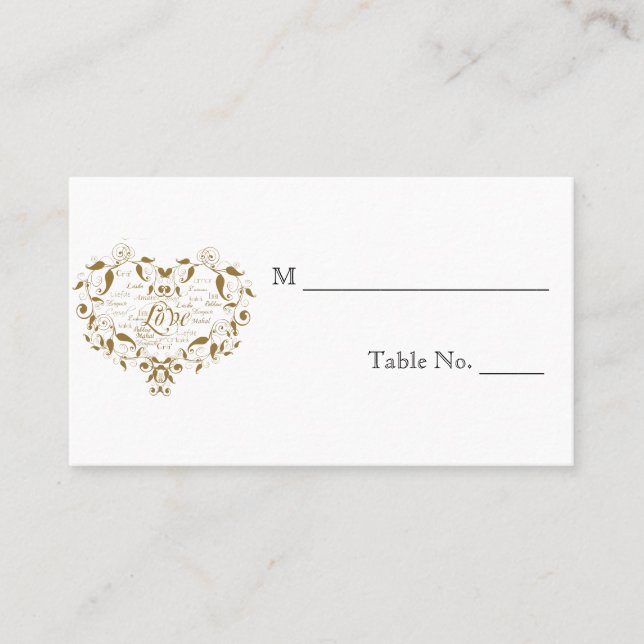 Love in Any Language in Gold Wedding Place Cards (Front)