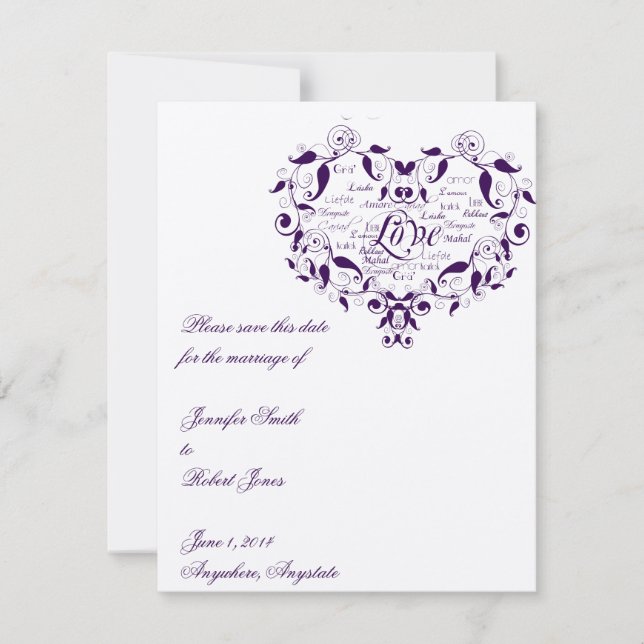 Love in Any Language in Purple Save the Date card (Front)