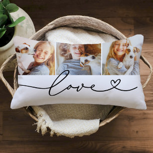 Love in Black Heart Script Custom 3 Photo Collage Lumbar Pillow