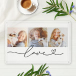 Love in Black Heart Script Custom Photo Collage Acrylic Tray<br><div class="desc">Modern and stylish custom acrylic tray design features a custom photo collage of three (3) favorite photos with a simple and minimal black "Love" typography design that includes flourish and heart details. The black and white colors can be modified.</div>