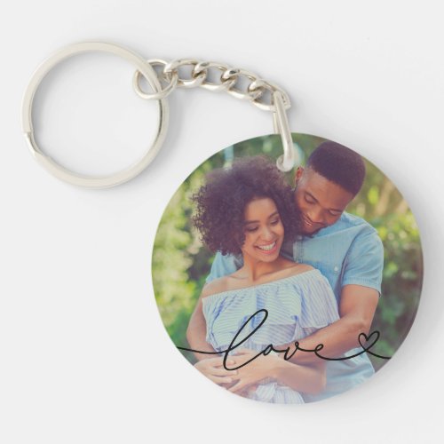 Love in Black Script with Heart Custom Photo Keychain