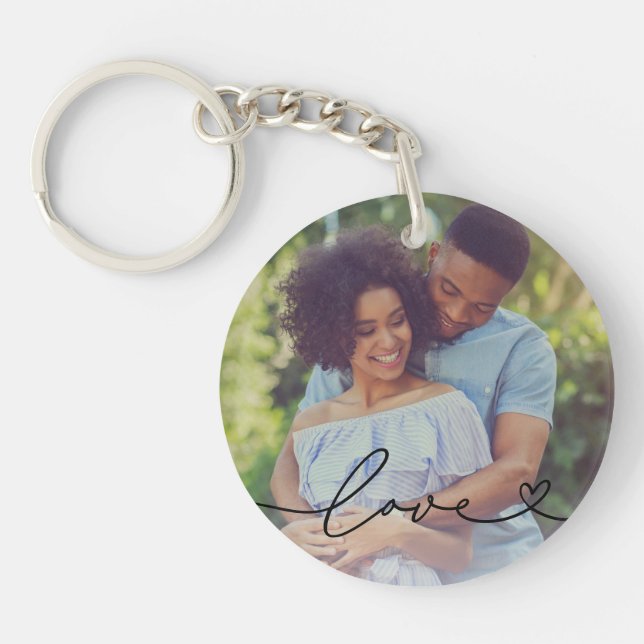Love in Black Script with Heart Custom Photo Keychain (Front)