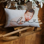 Love in Black Script with Heart Custom Photo Lumbar Pillow<br><div class="desc">Modern and stylish custom throw pillow design features a favorite photo with a minimal black "Love" typography overlay design that includes flourish and heart details. The black colored text can be customized.</div>