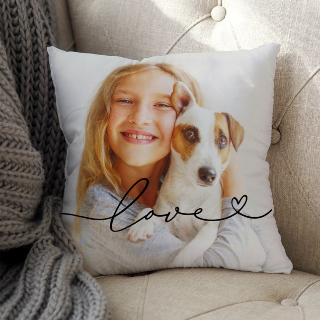 Love in Black Script with Heart Custom Photo Throw Pillow (Creator Uploaded)