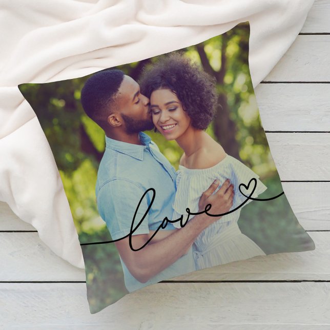 Love in Black Script with Heart Custom Photo Throw Pillow (Creator Uploaded)
