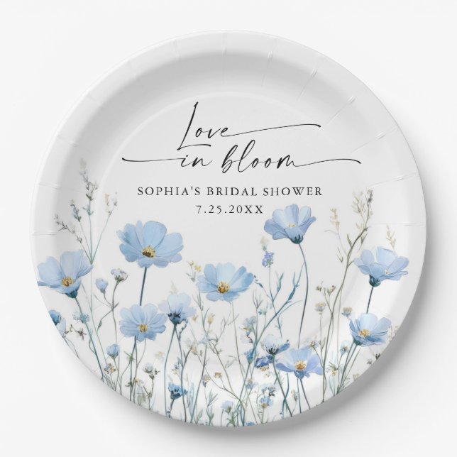 Love In Bloom Blue Bridal Shower Paper Plates (Front)