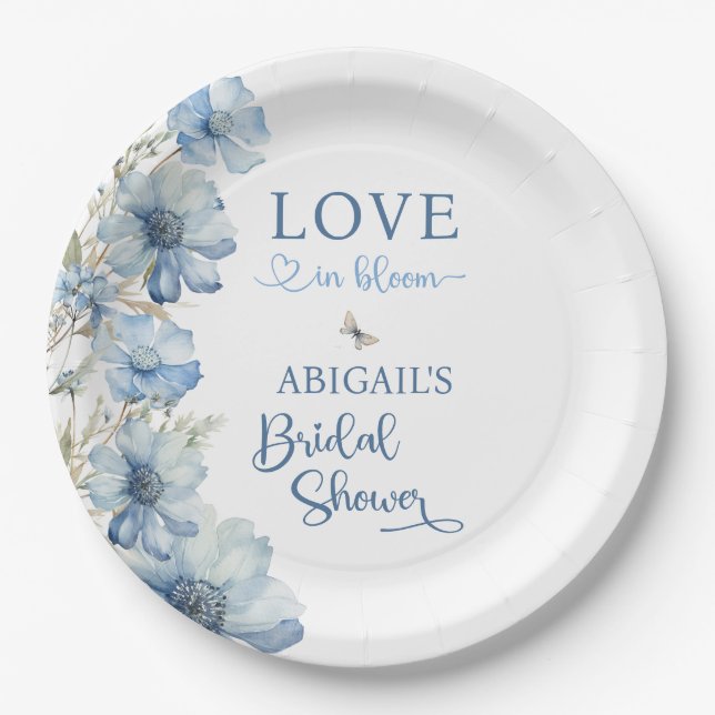 LOVE IN BLOOM BLUE FLORAL BRIDAL SHOWER PAPER PLATES (Front)