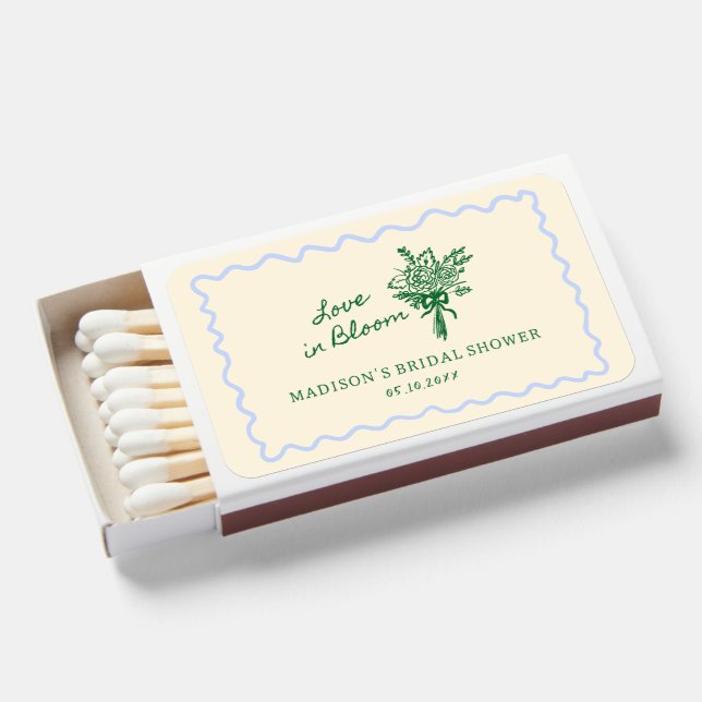 Love in Bloom Blue Green Bridal Shower Welcome Matchboxes (Front Open)