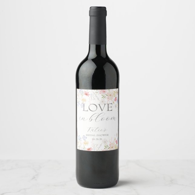 Love In Bloom Bridal Shower Flower Bar Sign Wine Label (Front)