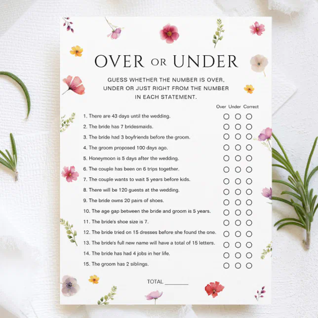 Love in Bloom Bridal Shower Over & Under Game Card | Zazzle
