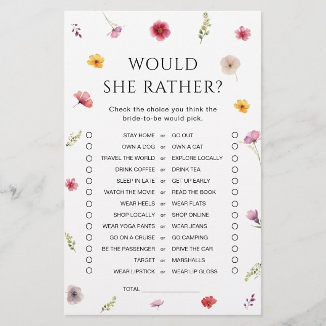 Love in Bloom Bridal Shower Would She Rather Game (Front)