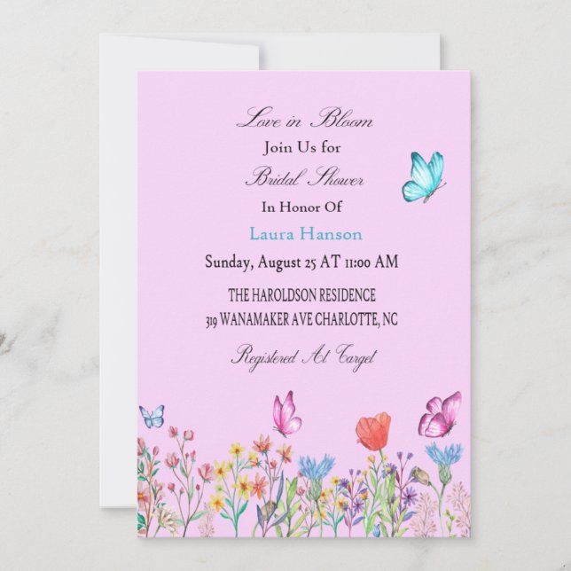 Love in bloom butterlies wildflowers Bridal Shower Invitation (Front)
