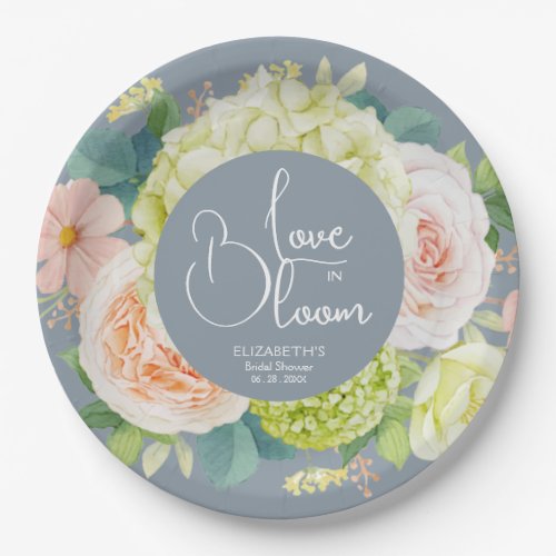 Love in Bloom Floral Bridal Shower Dusty Blue Paper Plates