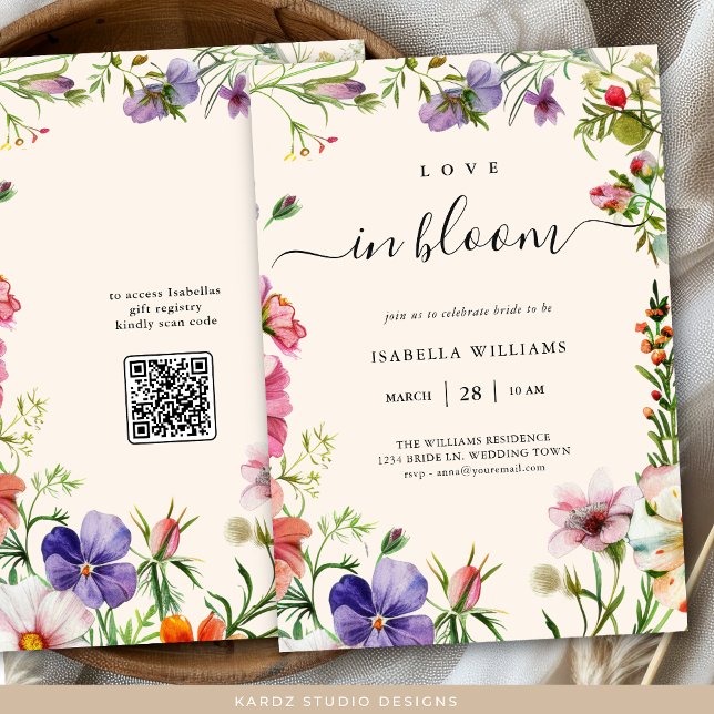 Love in Bloom Floral Bridal Shower Invitation (nvite shown in 5 x 7 inches, choose size, paper and corner style. Buy print or digital invitations.)