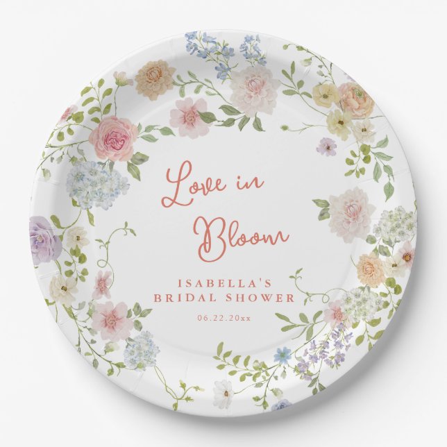 Love in Bloom Floral Garden Bridal Shower Paper Plates (Front)