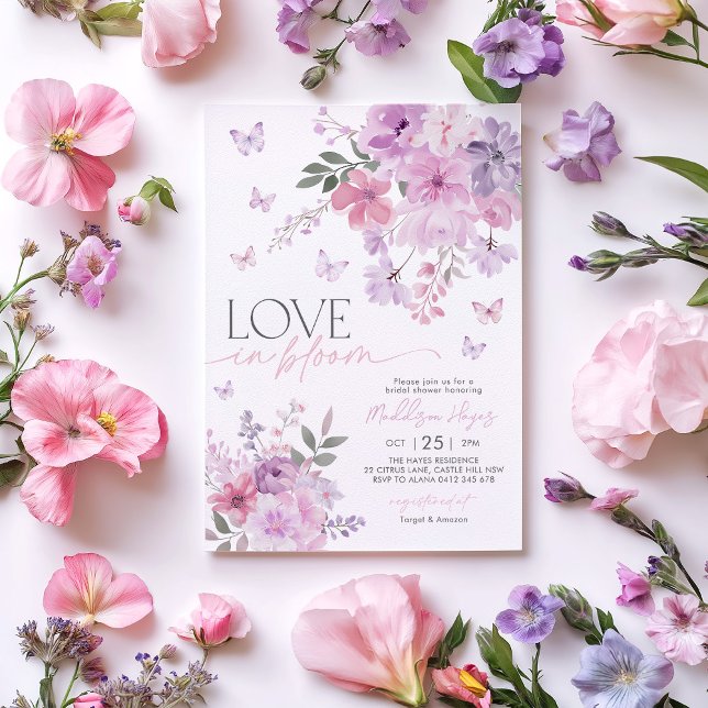 Love in Bloom Floral Purple Butterfly Bridal Invitation (Love in Bloom | Pink purple flowers and butterflies Bridal Shower Invitation
)