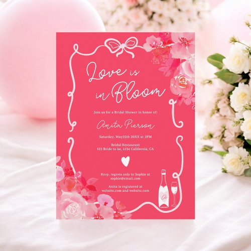 love in bloom floral scribbles pink bridal shower invitation