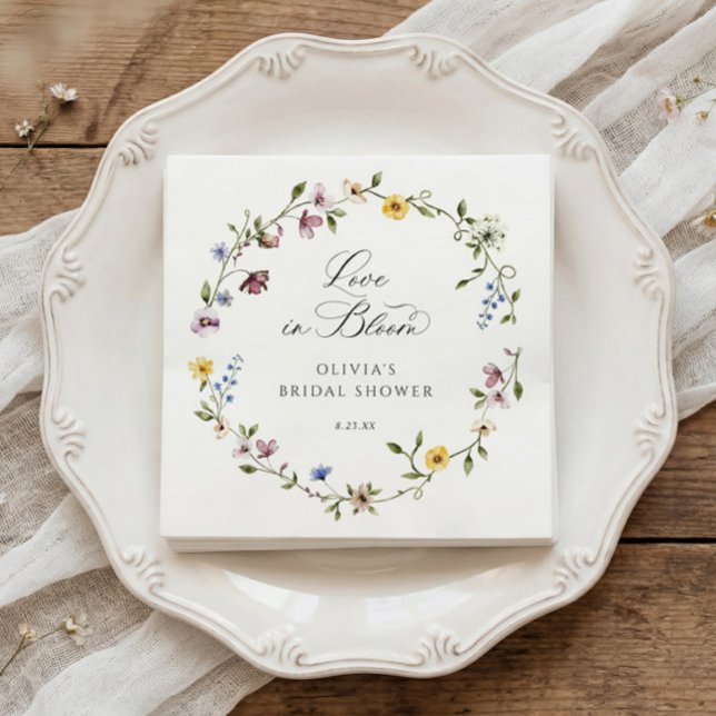Love in Bloom Floral Wildflower Bridal Shower Napkins (Bridal shower napkins with watercolor wildflower wreath and elegant love is in bloom script)