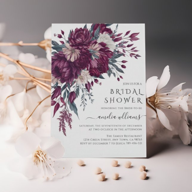 Love in Bloom Flowers Burgundy Cream Bridal Shower Invitation (Creator Uploaded)