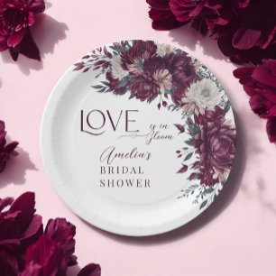 Love in Bloom Flowers Burgundy Cream Bridal Shower Paper Plates