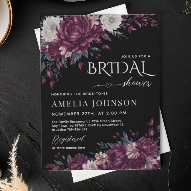 Love in Bloom Flowers Burgundy Dark Bridal Shower Invitation (Creator Uploaded)
