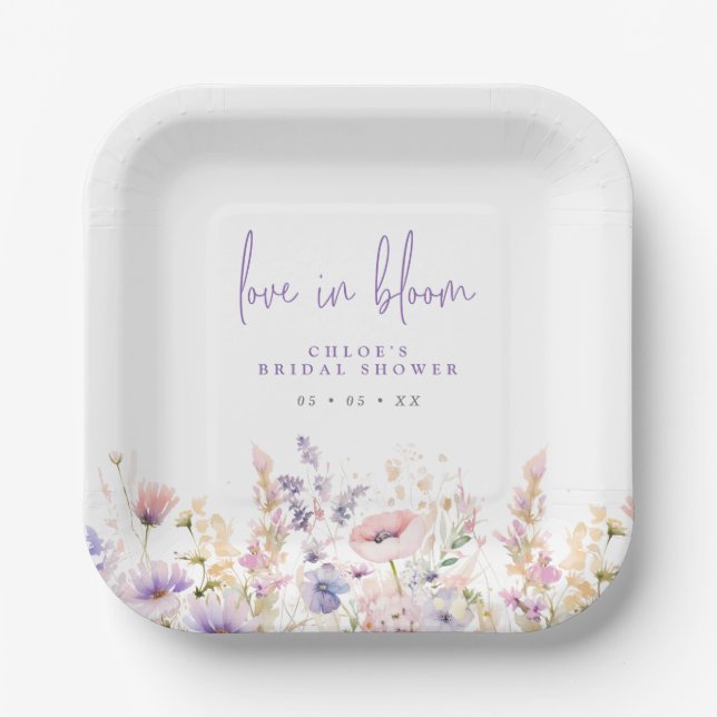 Love in Bloom Lilac Wild Flowers Bridal Shower Paper Plates (Front)
