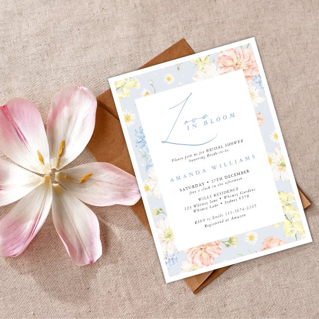 Love in bloom Modern Blue Flowers Bridal Shower   Invitation (Creator Uploaded)