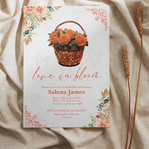 Love in bloom orange floral bucket bridal shower invitation